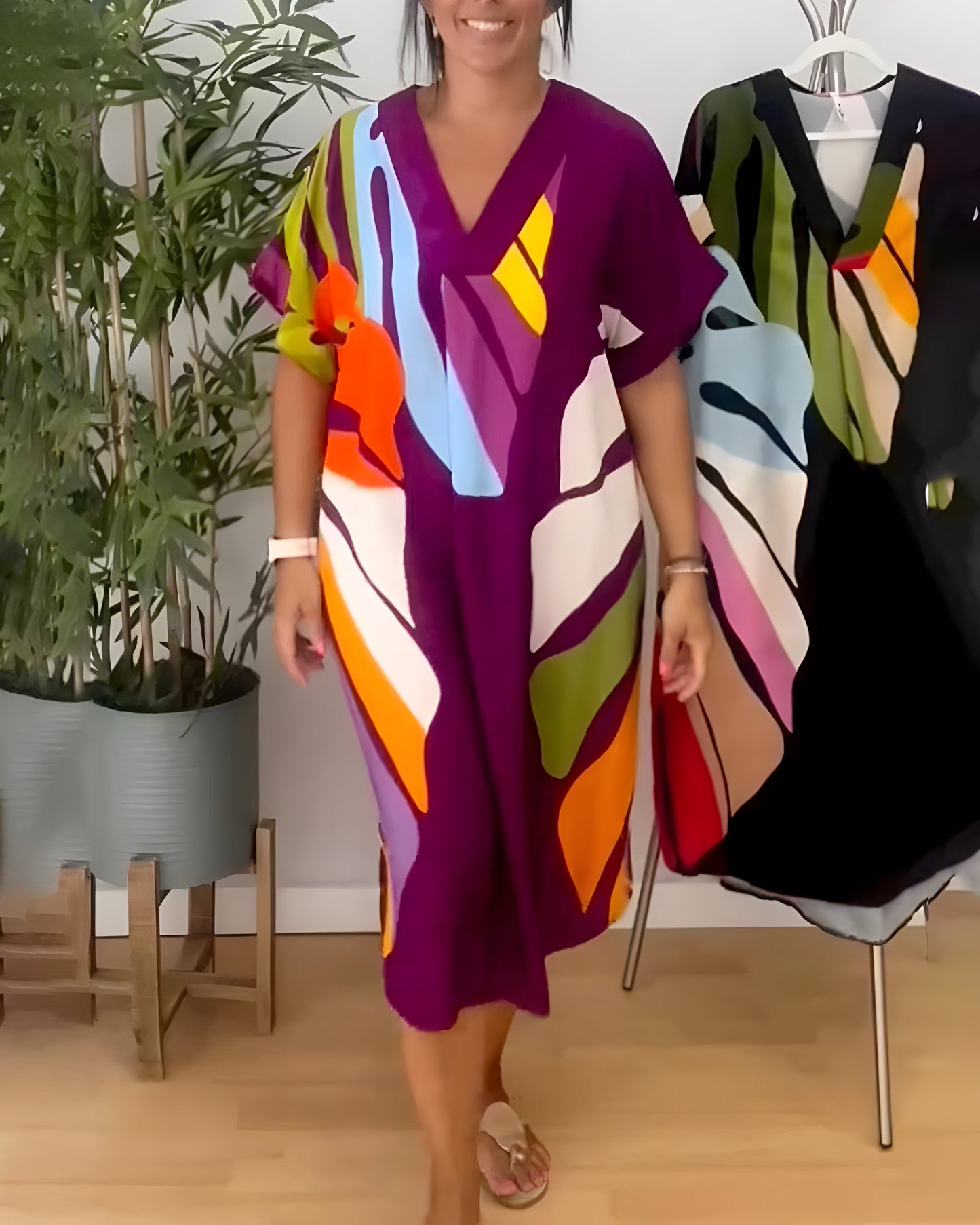 Roos™ | Casual Jurk met Kleurrijke Bladprint
