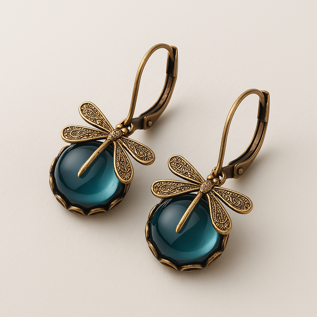 Spherical Dragonfly Oorbellen in Antique Gold
