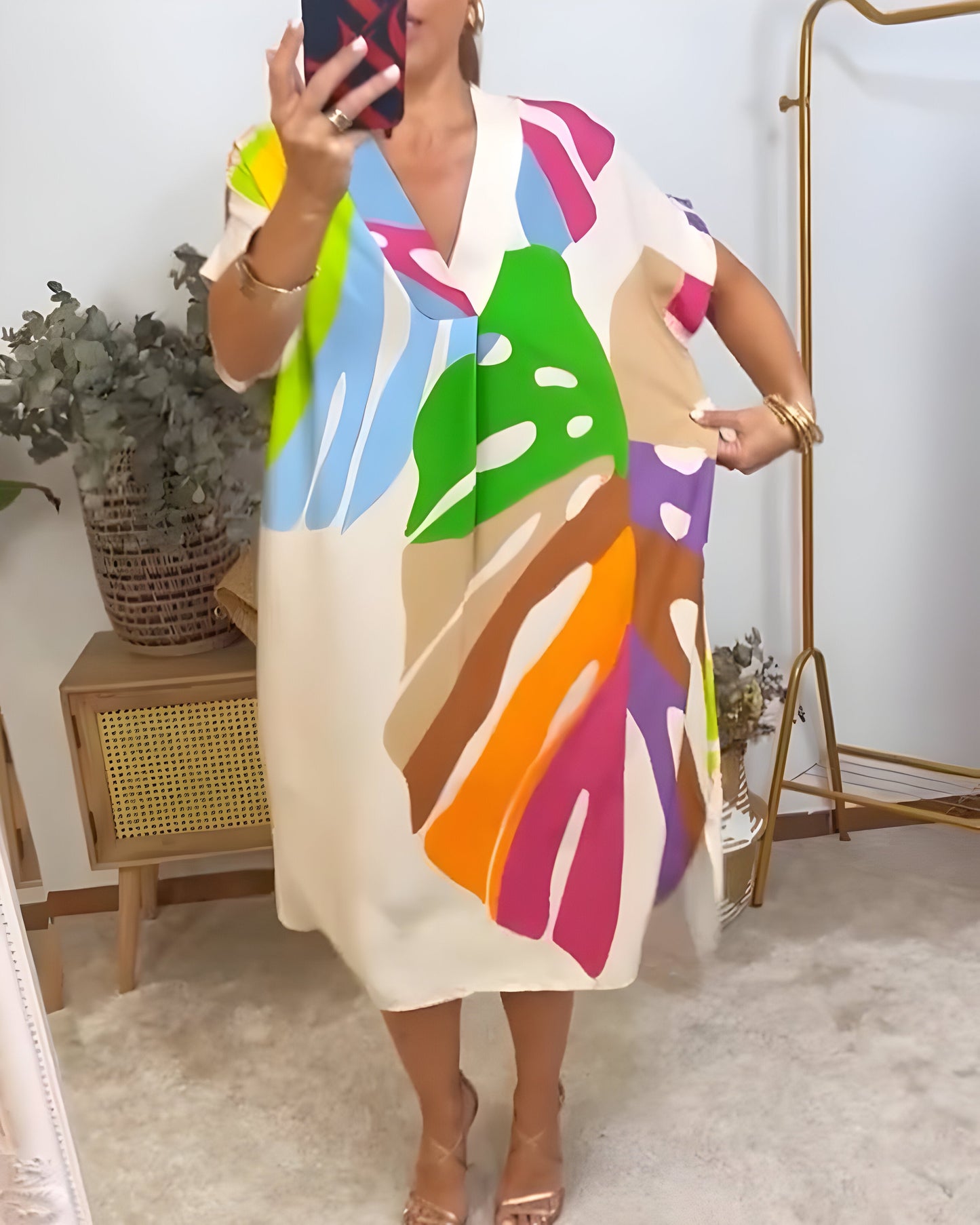 Roos™ | Casual Jurk met Kleurrijke Bladprint